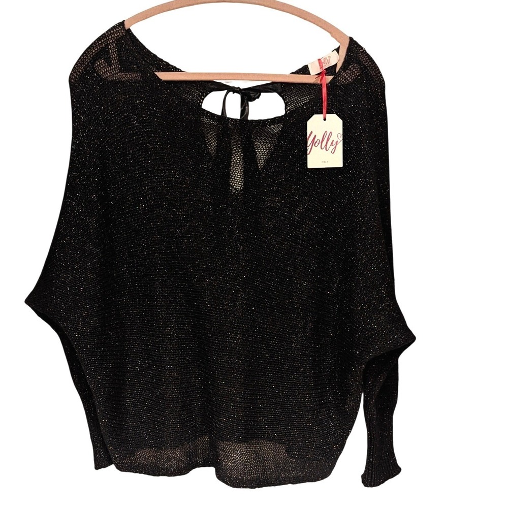 Yolly Italy Metallic Knit‎ Top OS Black Silver Batwing Mesh Ribbon Tie Sparkle